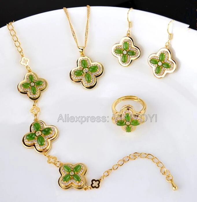 

Beautiful Gold Natural Green HeTian Jade Flower Lucky Pendant Necklace Bracelet Ring Earring Fine Jewelry Set Girl's Gift
