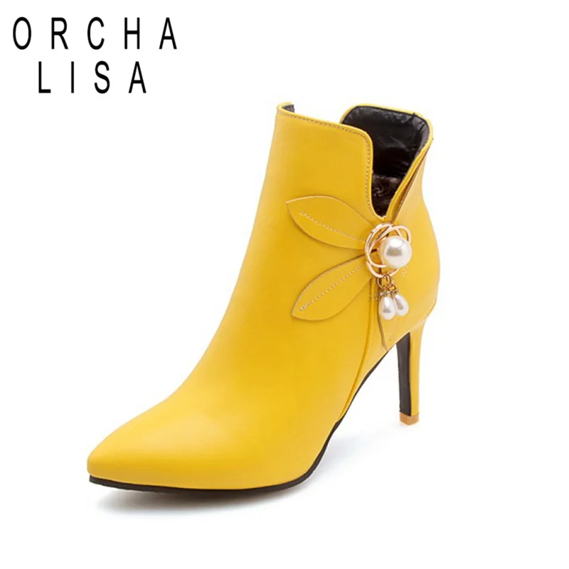 

ORCHA LISA Plus Size 44 45 Women's Shoes Winter Boots High Heel Boots Wedding Shoes Ankle Boots thin heel Zipper Yellow White