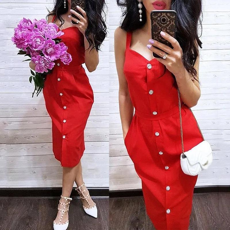 

2019 Summer Women Slim V Neck Spaghetti Strap Dress Women Sexy Office Lady Yellow Red Straight Knee Length Dresses Solid Color
