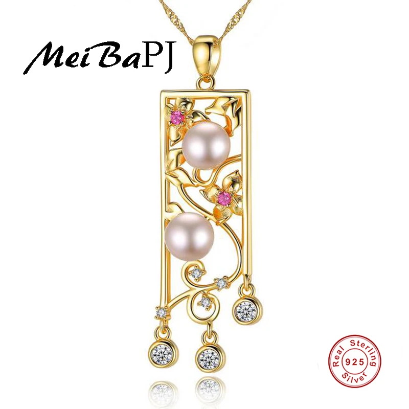 

[MeiBaPJ] Trendy Real Natural Freshwater Pearl Pendant Necklace 925 Sterling Silver Golden Color Party Jewelry for Women SY