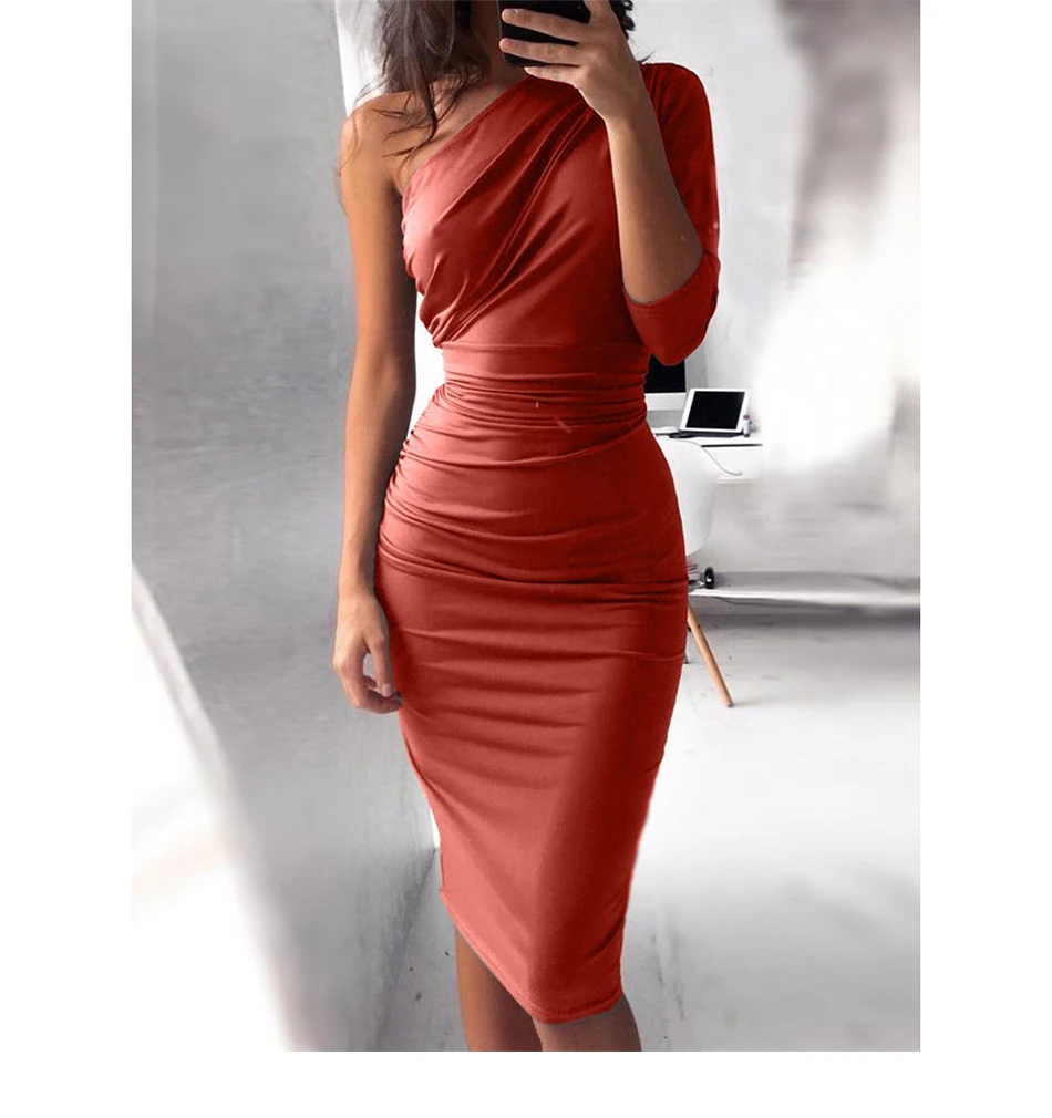 На Одно Плечо плюс размеры для женщин пикантные платья для Bodycon Элегантный Половина рукава по колено Вечерние вечернее платье женщи