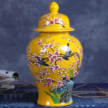 

Jingdezhen yellow Hand-painted Coloured Glaze Flower And Bird Temple jar Vase Living Room Handicraft ceramic ginger jar vase