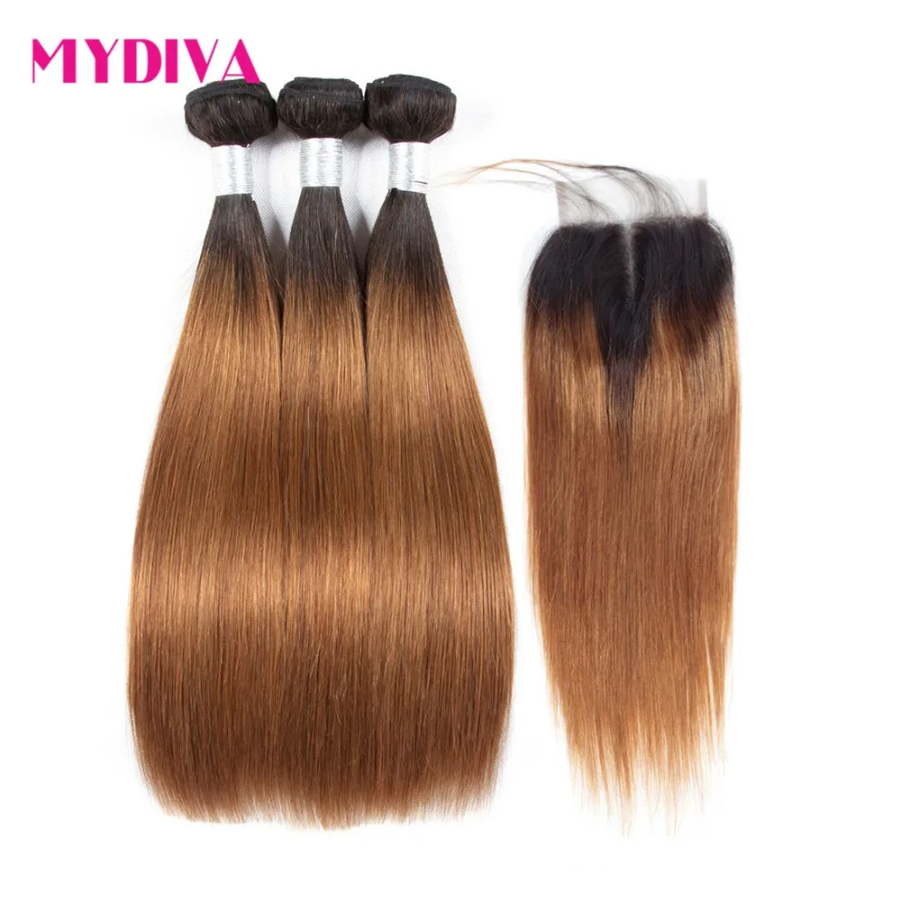 comprar Mydiva Brasileiro Do Cabelo Weave Bundles Com Fechamento Ombre Reta Pacotes Com Fecho de Cabelo Humano Castanho Remy Não T1B 30 3 Peças