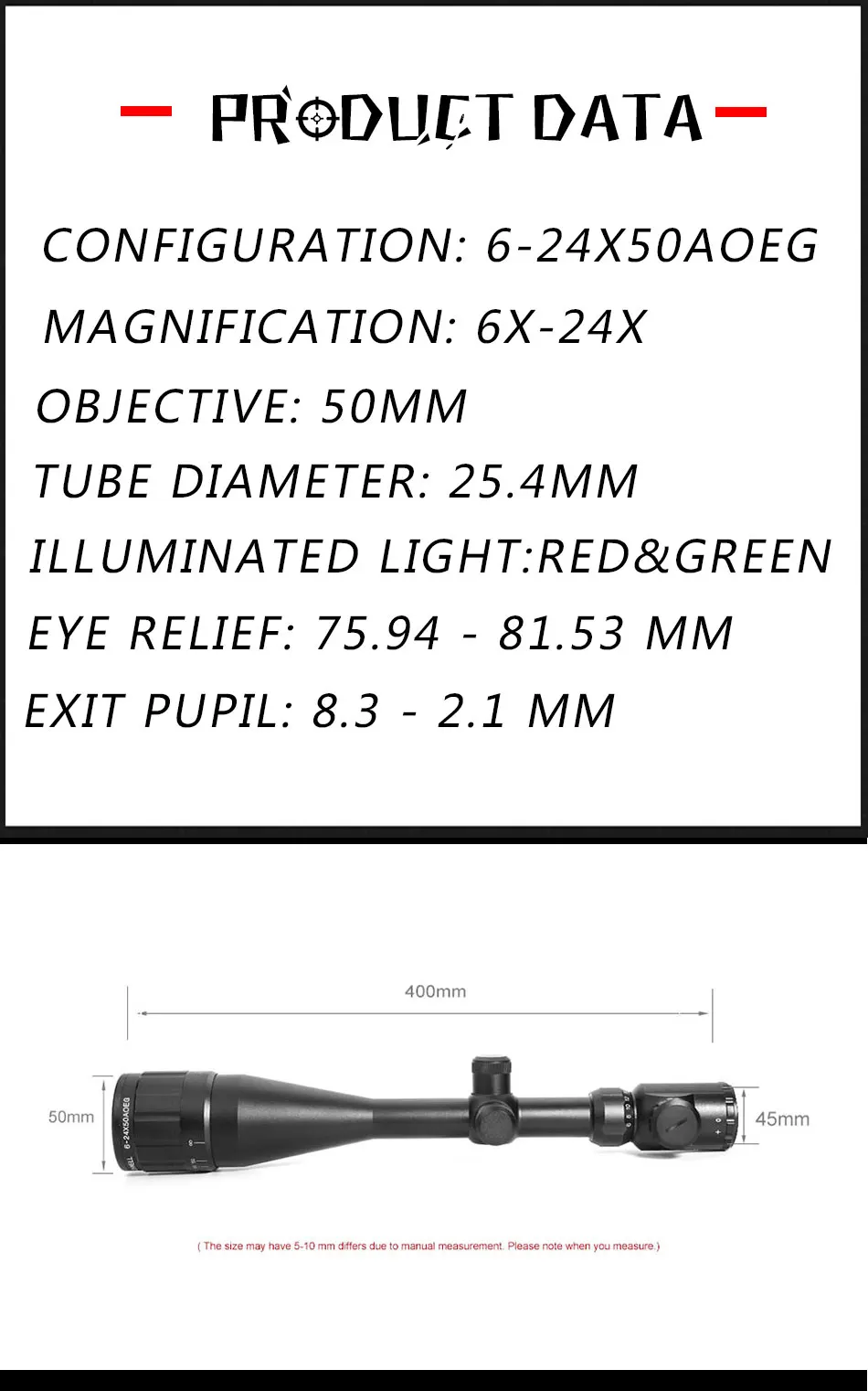 6-24x50AOE scope Оптика прицел охота Scopes Регулируемый Красный Зеленый освещенный точечный элемент Crosshair Sight Reticle Scope