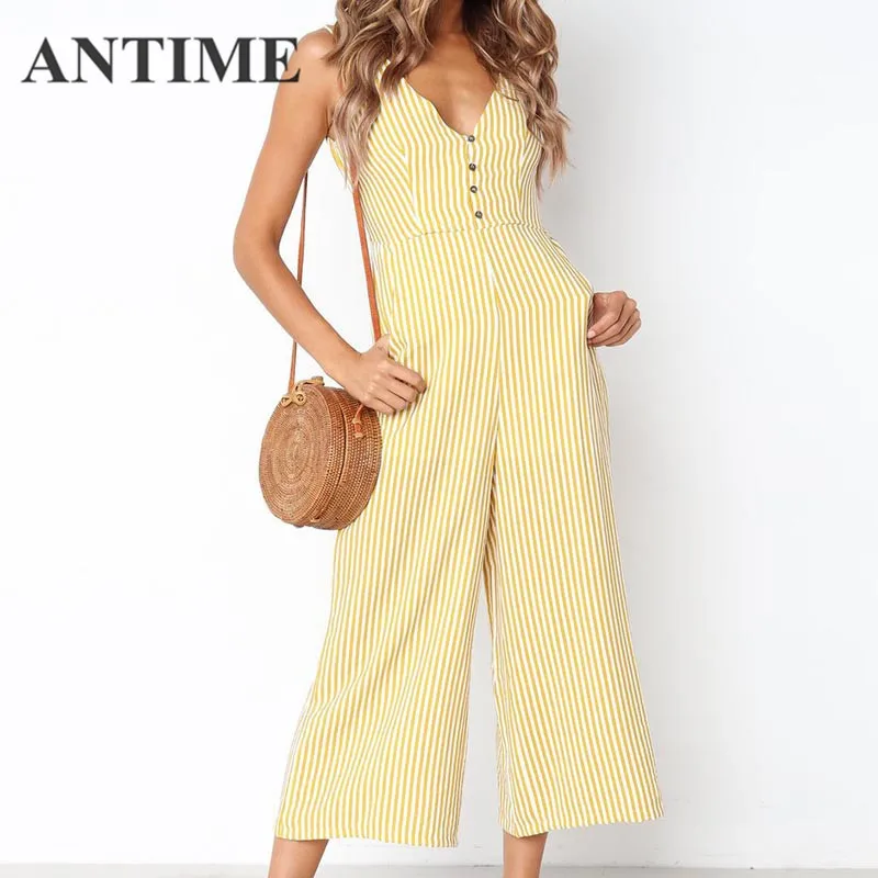 ANTIME Yellow Jumpsuit Striped Sleeveless Deep V Neck