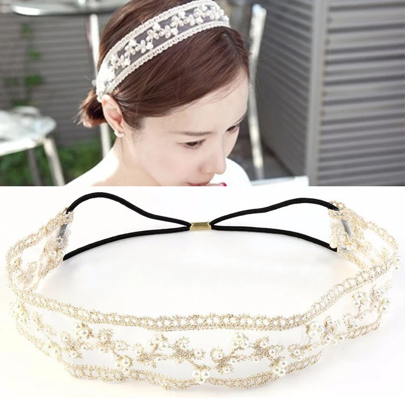 

Women Turban Vintage Lace with Pearl Beads Flower Headband Headdress Hair Band Accessories Headwear diademas para el pelo mujer