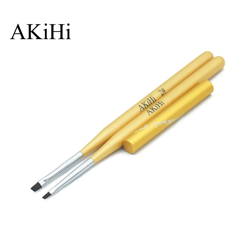  AKiHi 2Pcs/set Golden Handle Angular Flat Brushes Nail Art 3D Design Painting Drawing Pen Polish Ge