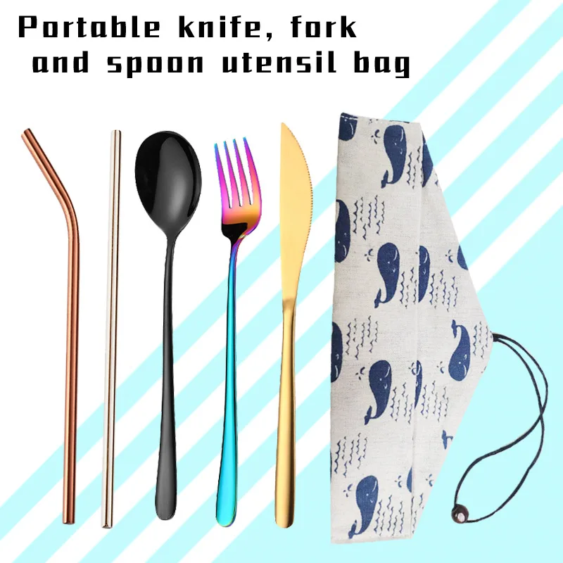 

Portable Flatware Travel Cutlery Set Stainless Steel Cutlery Set Chopsticks Fork Spoon Metal Straw with Cloth Pack Dinneware Set