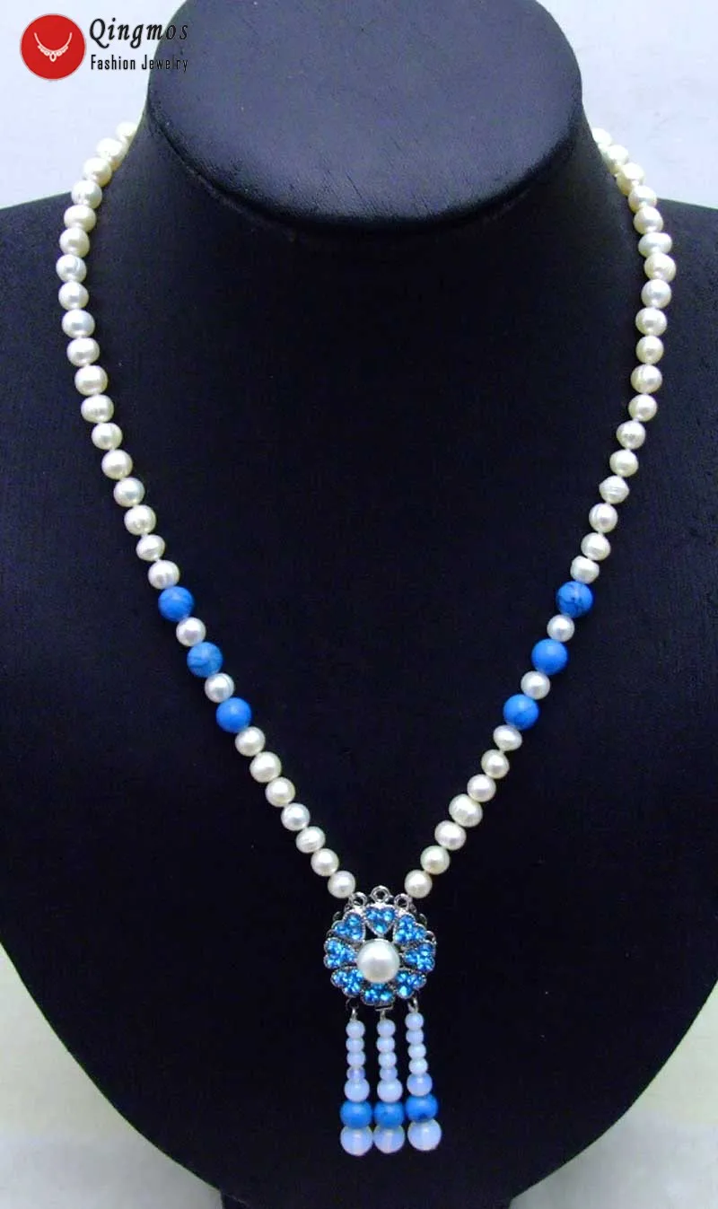 

Qingmos Trendy Natural White Pearl 20" Necklace for Women with 6-7mm White Round Pearl & 25mm Blue Tassel Pendant Necklace-6085