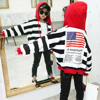 

2018 Autumn New Korean Fashion Striped Cardigan Hooded Coat Girls Street Wind Jacket
