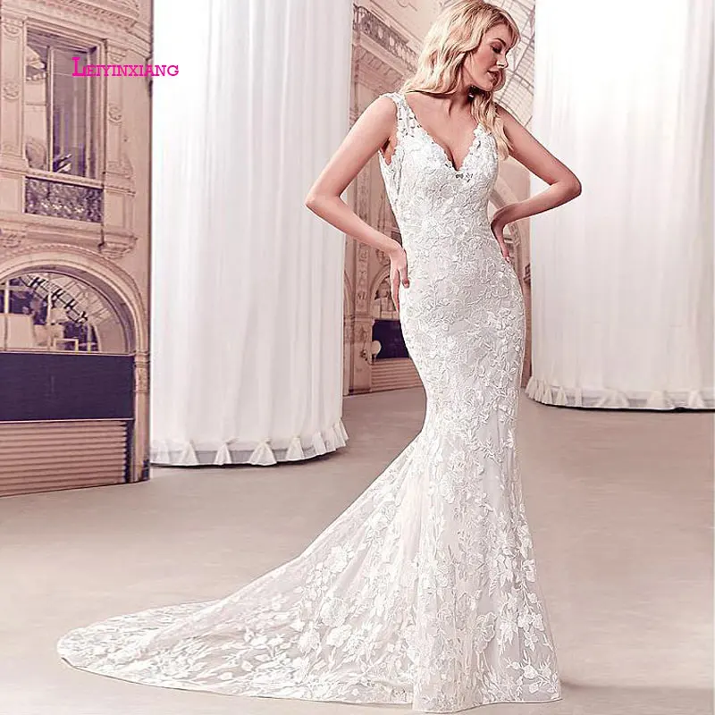 

LEIYINXIANG New Arrival Popular Bride Dress Wedding Dress Vestido De Noiva Sereia Robe Backless Sexy Mermaid Appliques V-Neck