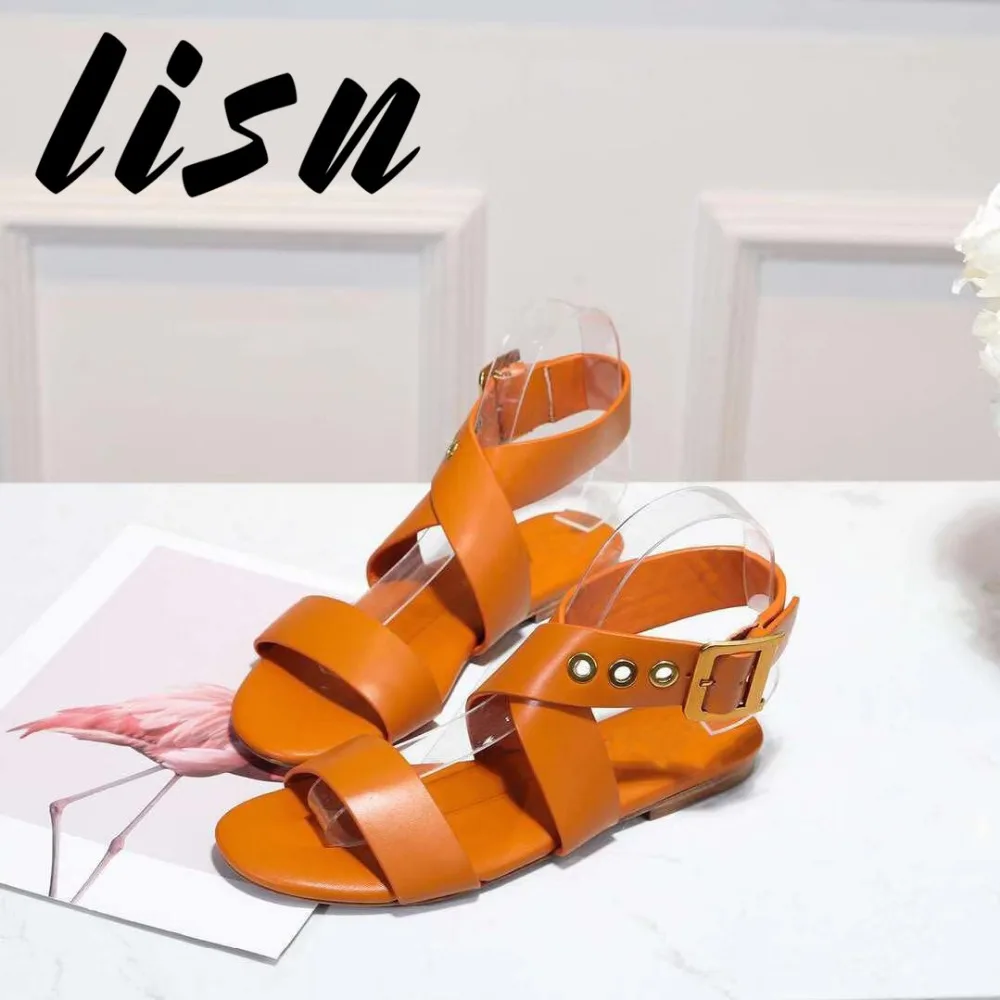 

LISN New Genuine Leather Rome Gladiator Buckle Strap Women Summer Sandals Open Toe Low Heel Sandals Shoes Women