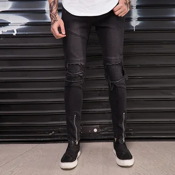 

HOT 2020 Fashion Casual hip hop streetwear high street back knee patch Pleated denim pencil pants men's jeans locomotive hole