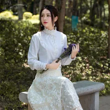 2016 Summer Women Blouse shirt Elegant Retro White Long sleeve Stand Collar Basic Blusa Top