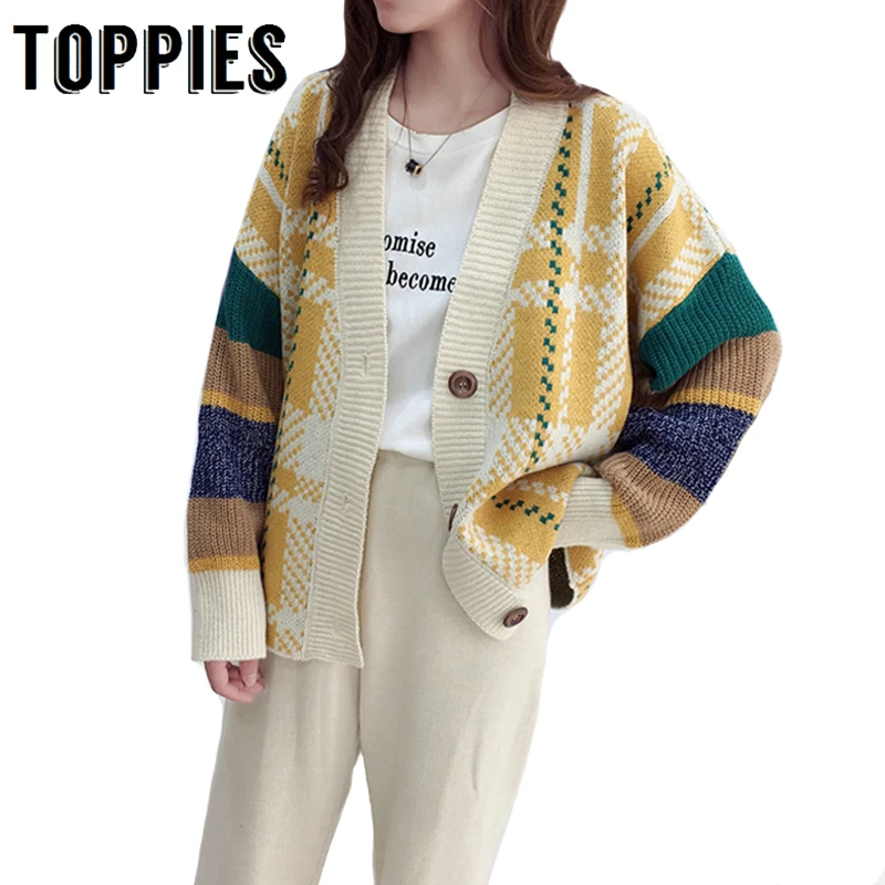 Винтажный решеточный свитер кардиган Свободное пальто Женская Осень Зима однобортный свитер с v-образным вырезом корейская мода