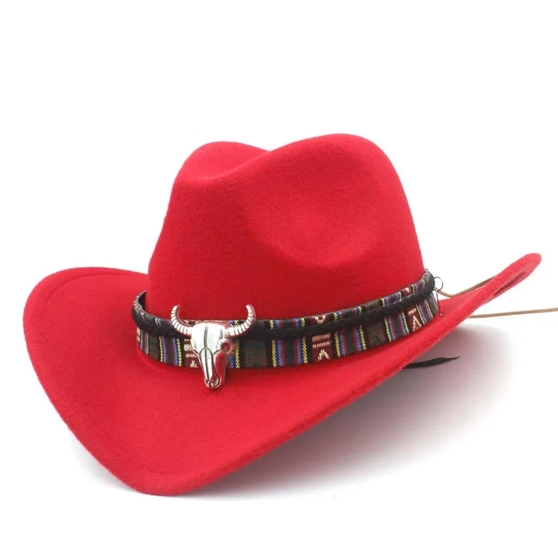 Женская и Мужская шерстяная полая ковбойская шляпа с широкими полями, ковбойская, джазовая, конная, сомбреро, кепка с кисточкой, Таурен, лента - Цвет: Red