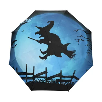 

Happy Halloween Witch Blues Moon Custom Portable Folding Umbrella Travel Design Rain and Sun Beach Umbrellas Hat Unique Parasol