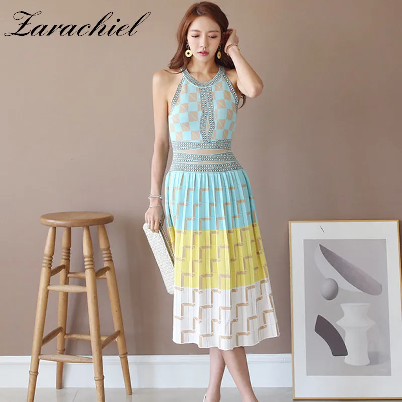 

2019 New Summer Sexy Off Shoulder Halter Vest Knit Dress Women Elegant Sleeveless Geometry Pattern Jacquard Knitted Dress