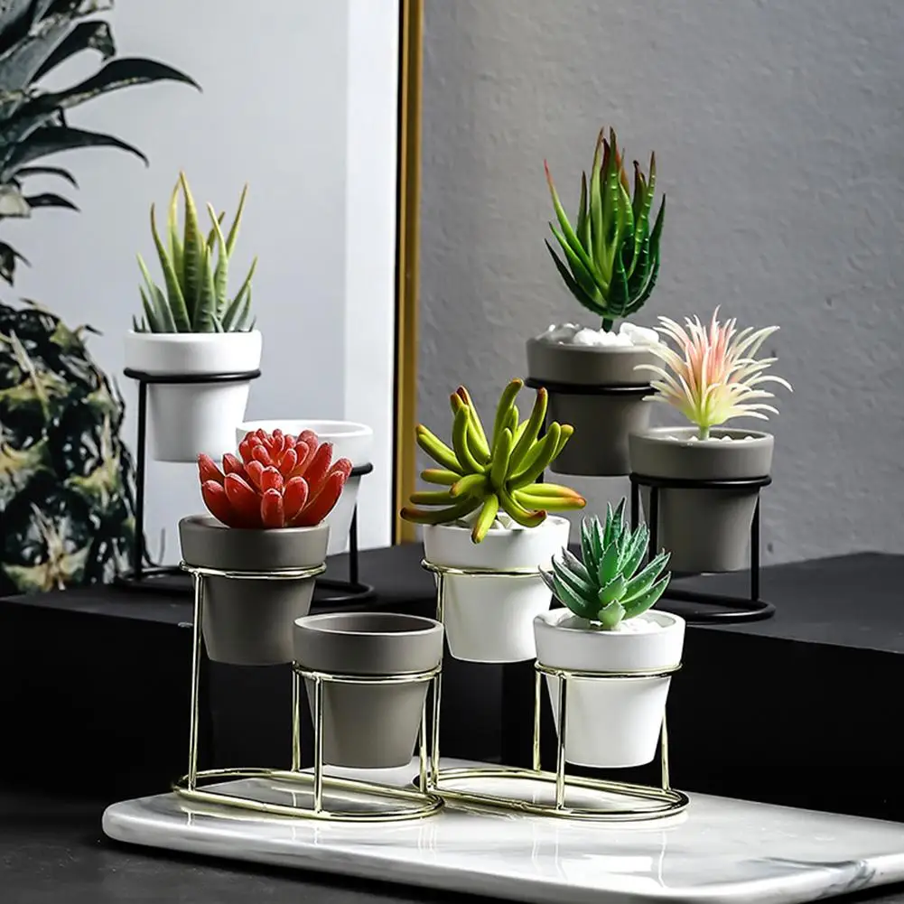 

Nordic Wrought Iron Fleshy Flower Pot Gold-plated Ins Simple Iron Frame Ceramic Flower Pot Green Plant Clay Pot Set