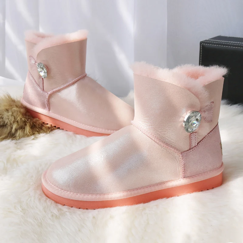 Stiefel Kristall pink Kurze pearl Echtem black Dark Aus Wolle Schaffell Pelz Leder pink Frauen Schnee Waterproof Natürliche Blue Silver Kurzen Winter Silver Schafe Taste q0BE84Aw