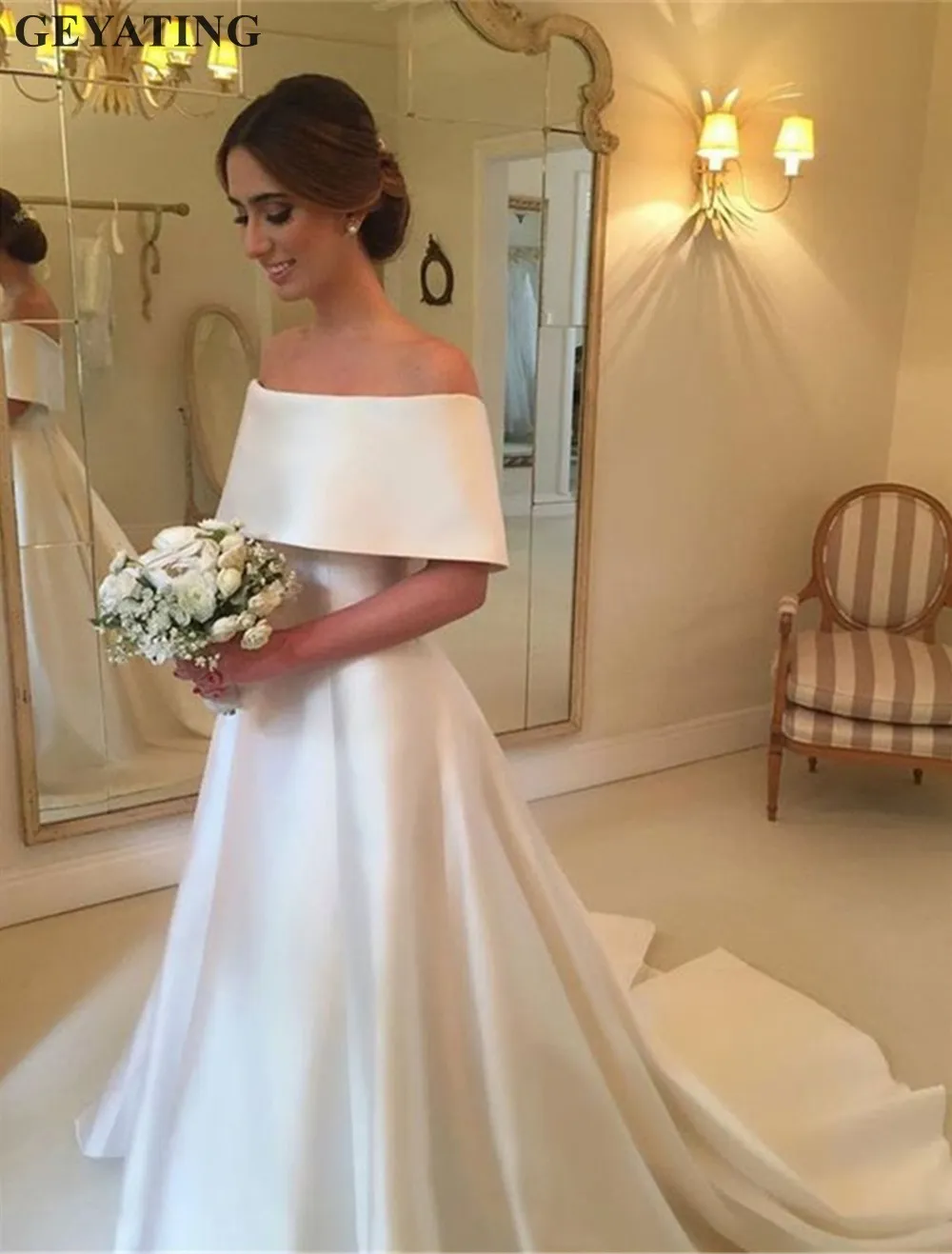 Simple A line White Satin Wedding Dresses 2019 Boat Neck