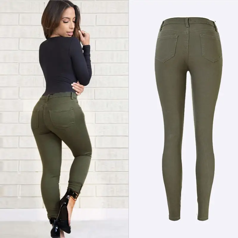 Женские брюки с высокой талией темно-зеленый тонкий стрейч джинсы Destroy узкий ногу с «дырками» искусственно состаренные брюки джинсы