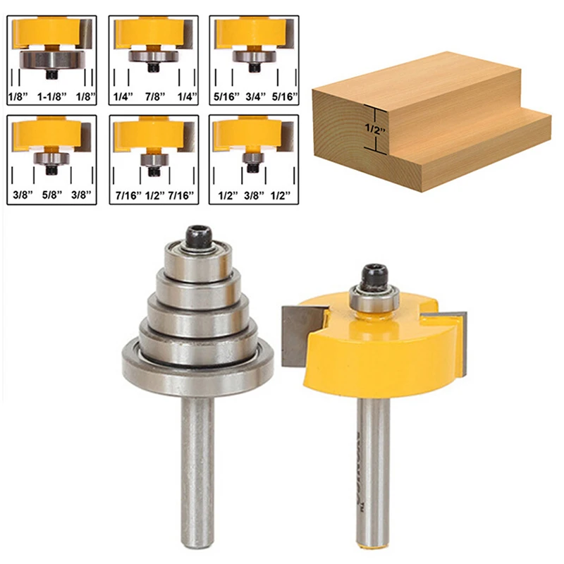 2Pcs Cemented Carbide Rabbet Router Bits 1/4" Shank with 6 Adjustable Bearingin Milling Cutter