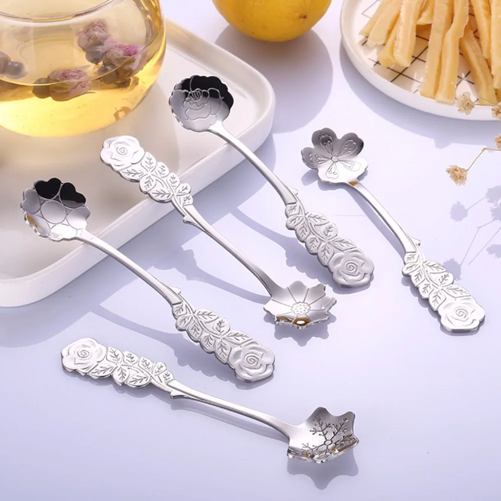 

Stainless Steel Tableware Flower Shape Spoons Sugar Silver Coffee Spoon Teaspoons Ice Cream Flatware Kitchen Tools #007