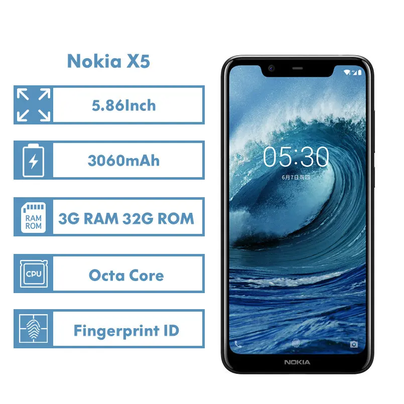 Nokia X5 5,86 дюймов HD+ смартфон Helio P60, четыре ядра, две sim-карты, отпечаток пальца ID, 3060 мАч, LTE, 4G, Android, мобильный телефон