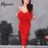 Bqueen Women Bandage Dress Sexy Spaghetti Strap Slash Neck Bodycon Elegant Ruffles Midi Lady Party Dress Vestidos 2019