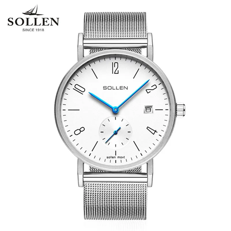 

Brand SOLLEN Luxury Quartz Men Watch Stainless Steel Mesh Strap Small Hand Woks Ultra Thin Dial Sport Clock Relogio Masculino