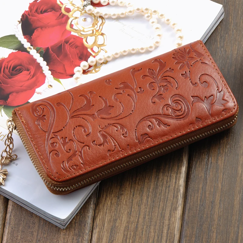 

Womens Morning glory Embossed Real Genuine Leather Zipper Handbag Long Wallet Clutches Female Lady Coin Purse Card Holder bags
