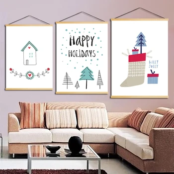 

Home Decoration Wall Artwork Cartoon House Bird Picture Tree Socks Wooden Scroll Hanging Painting Nordic Canvas Print Poster