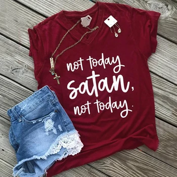 

Hot Fashion Short Sleeve t shirt Women Not Today Satan Letter Print V-Neck T-Shirt Female Summer Casual Burgundy Ladies Tops Tee