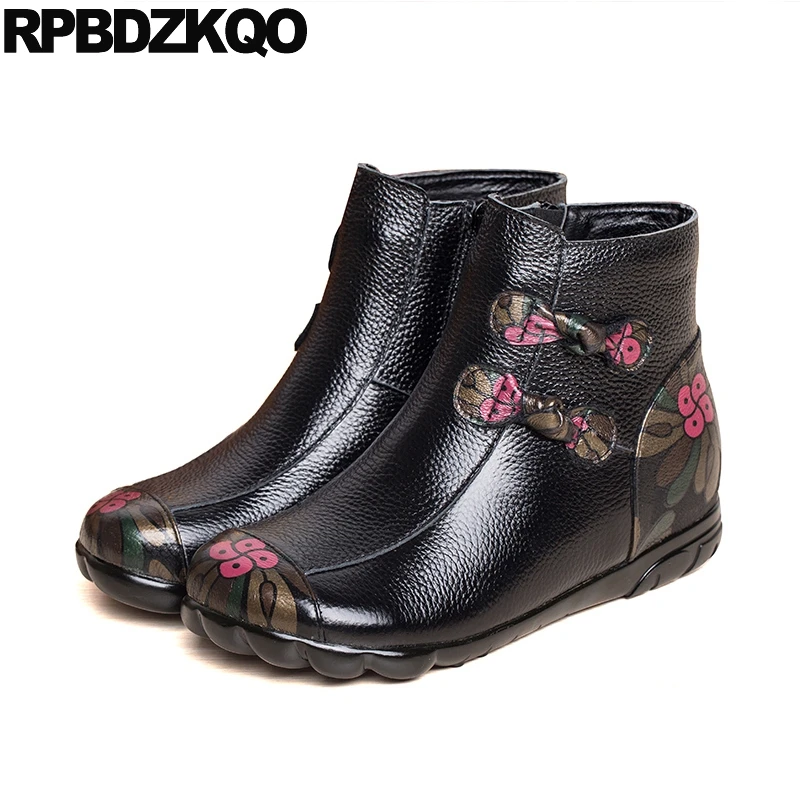 

Wedge Floral Print Shoes Flat Fur Black Booties Women Boots Winter 2017 Fall Vintage Flower Printed Genuine Leather Retro