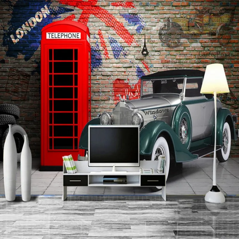 

wallpaper for walls 3 d Nostalgic European phone booth classic car murals wallpaper restaurant Hotel decoration backdrop