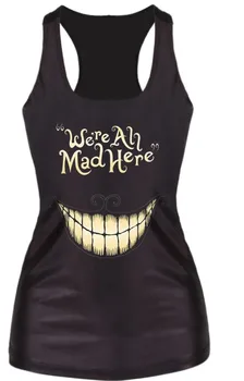 

Women We are all mad here Print Fitness Vest Workout Seamless Summer Aerobics Exercise Stretch Tank Top Hiphop Fiber Soft