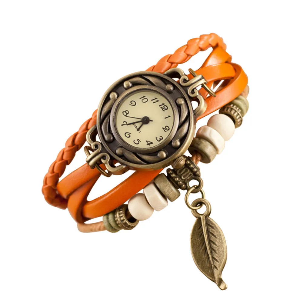 Relogio masculino коричневый ретро плетение обертывание леди бисера лист болтающийся