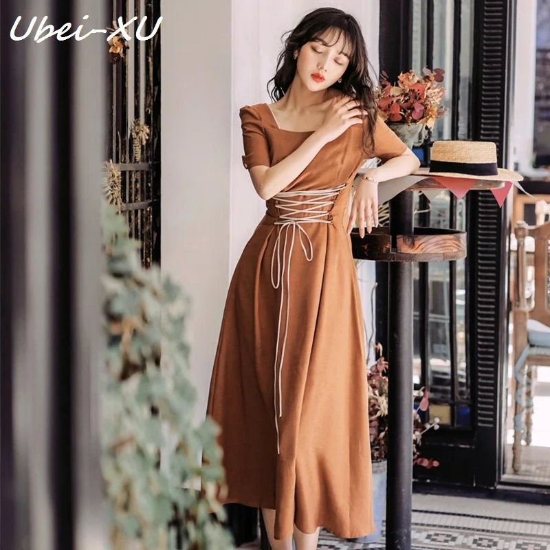 

Ubei 2019 fashin style slim retro square collar dress super fairy French dress summer high waist Caramel color long dress