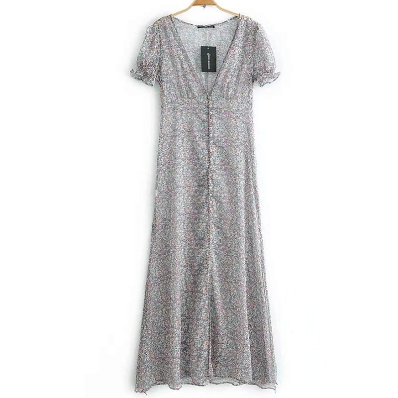 

WXWT women's retro French V-neck floral print chiffon dress ladies bohemian leisure vacation beach party sweet dress