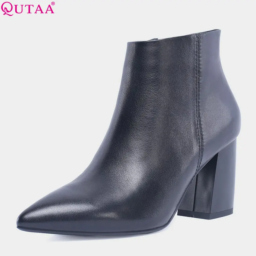 

QUTAA 2019 women winter shoes platform cow leather+pu square high heel zipper ankle boots pointed toe women Shoes Size 34-42