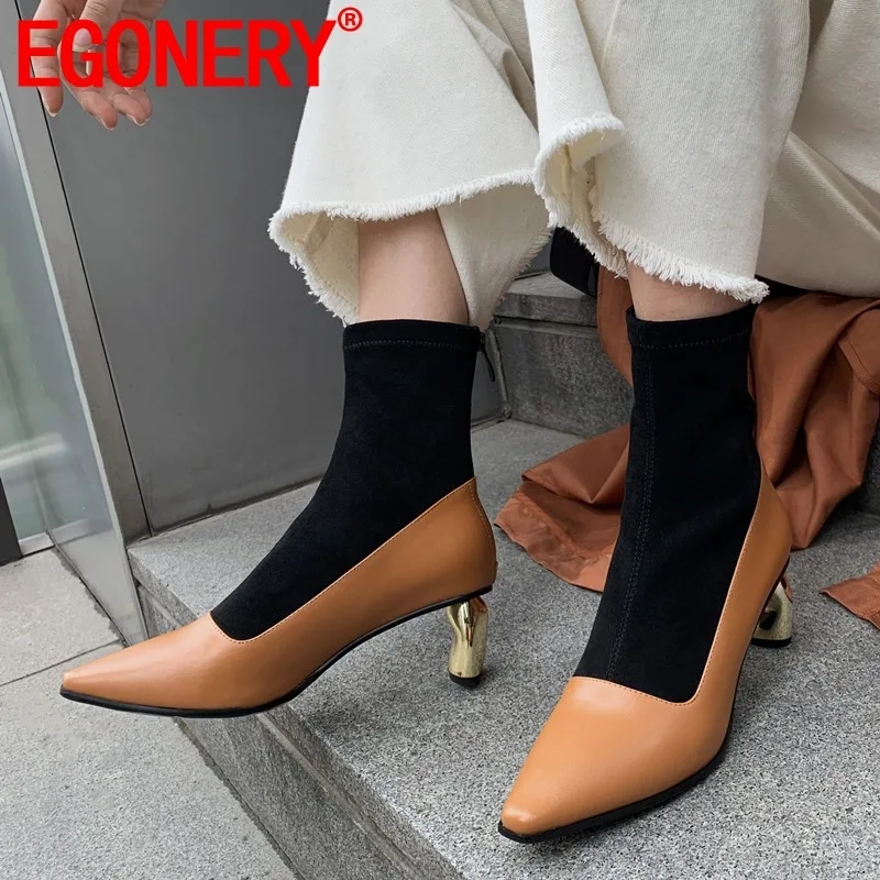 

EGONERY woman shoes winter new fashion square toe zipper genuine leather ankle boots outside high heels shoes drop shipping