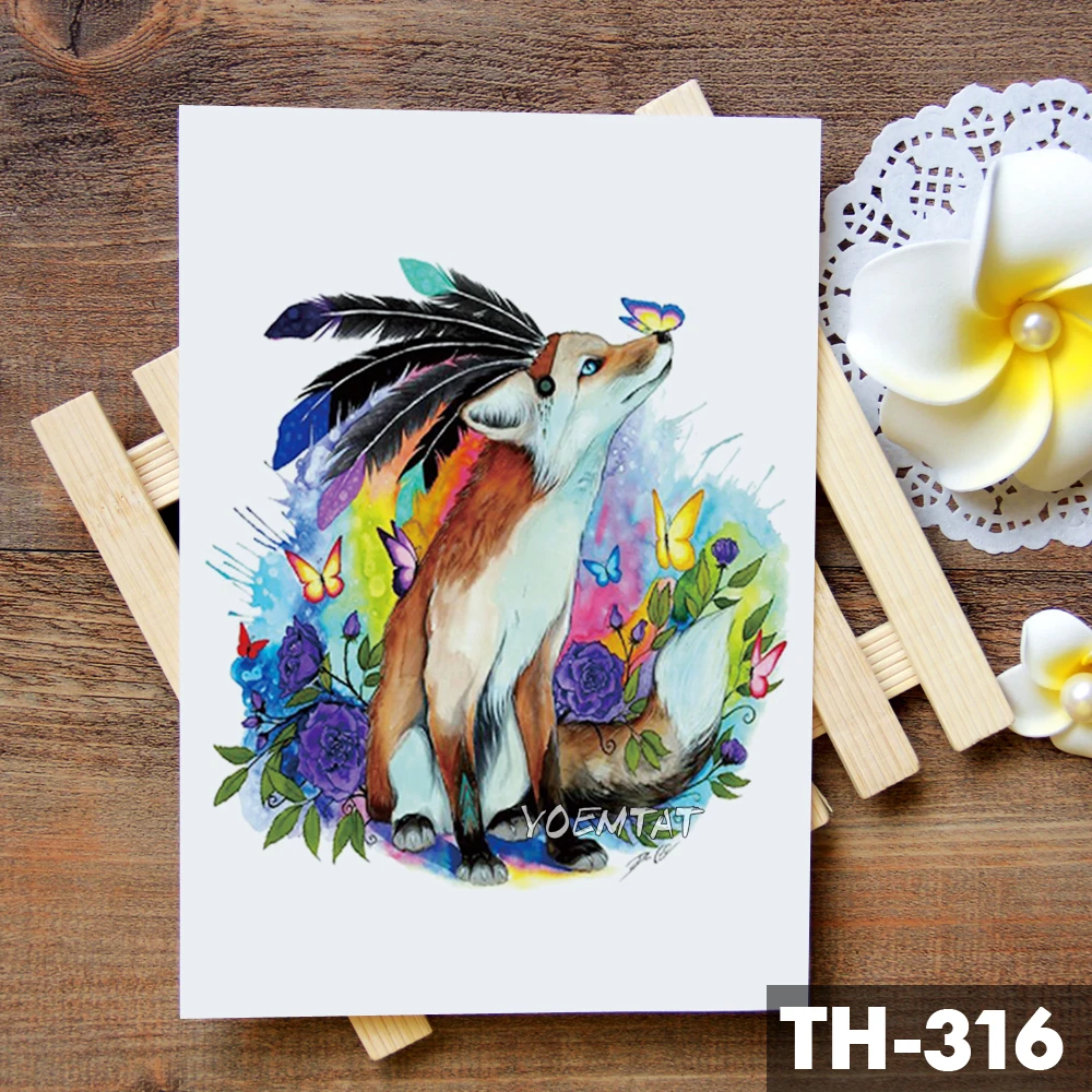 النار الثعلب ارتفع الذئب ريشة المائية المؤقتة الوشم ملصق القمر للماء الوشم هيئة الفن الذراع وهمية الوشم الرجال النساء