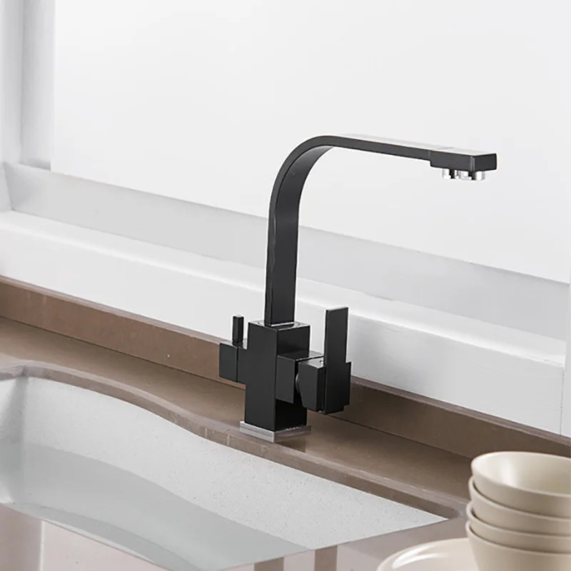 Black Square Kitchen Faucets 360 Degree Rotation 3 Way Water Filter Tap Water Faucets Solid Brass Kitchen Sink Tap Water Mixer