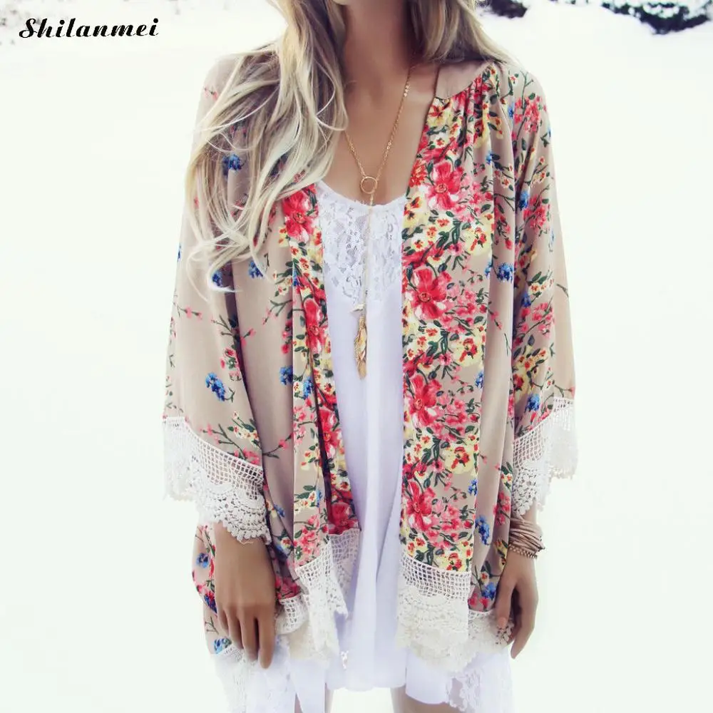 

Women's Sheer Chiffon Blouse Loose Tops Kimono Floral Print Cardigan Summer Beach Wear Bikini Floral Printed Long Lace Cardigan