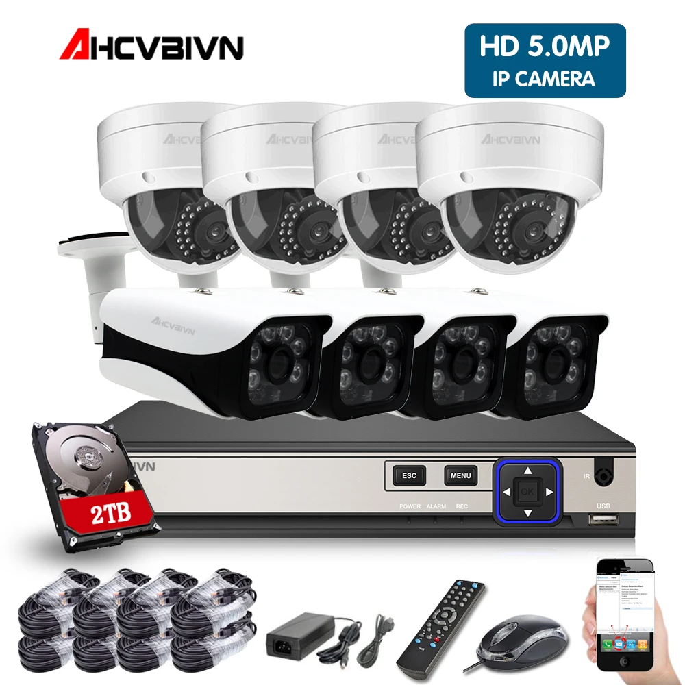  8CH 5MP 4K HD CCTV conjunto de vigilancia de vídeo Kit de sistema de cámaras de seguridad IP Cam P2