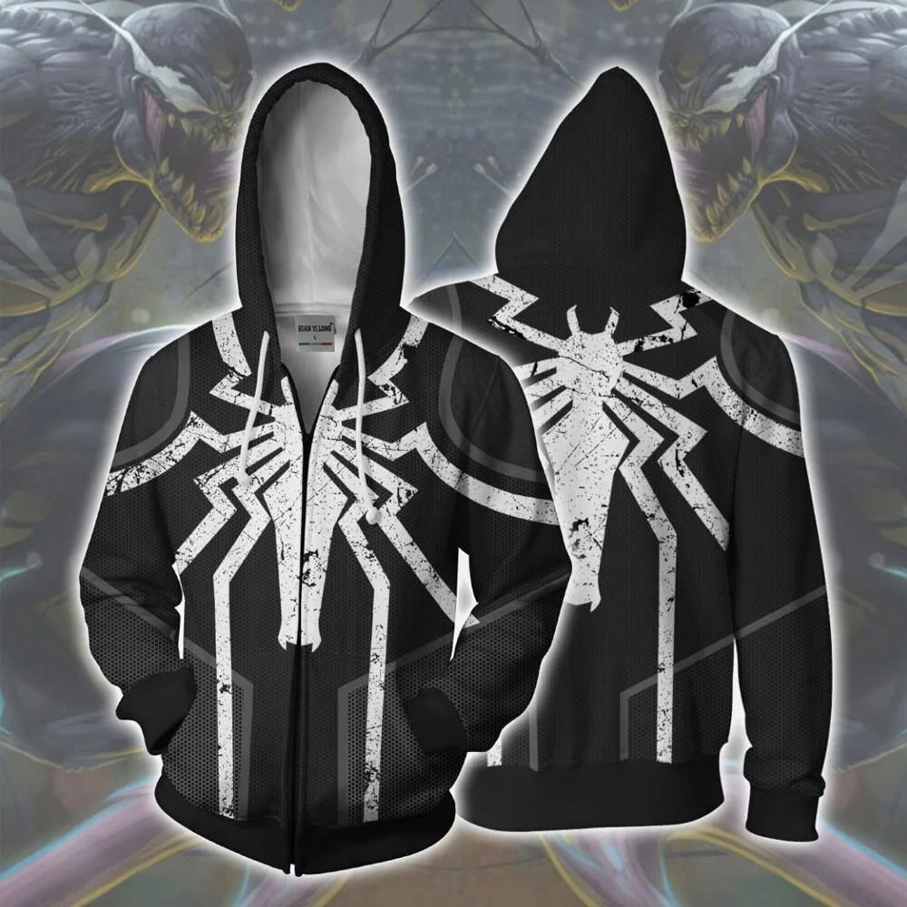 

2019 new Men Hooded Agent Venom 3D Printed Hoodies zipper hoodie hooded hip hop tops Agent Venom Zip Up Hoodie V2