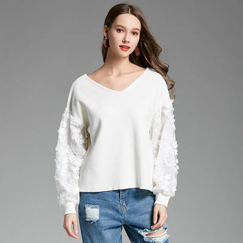 Spring Girl Knitted V Neck Patchwork Chiffon Floral Puff Sleeve Elastic Cute Sweet Pullover Solid Color Women Short Sweater