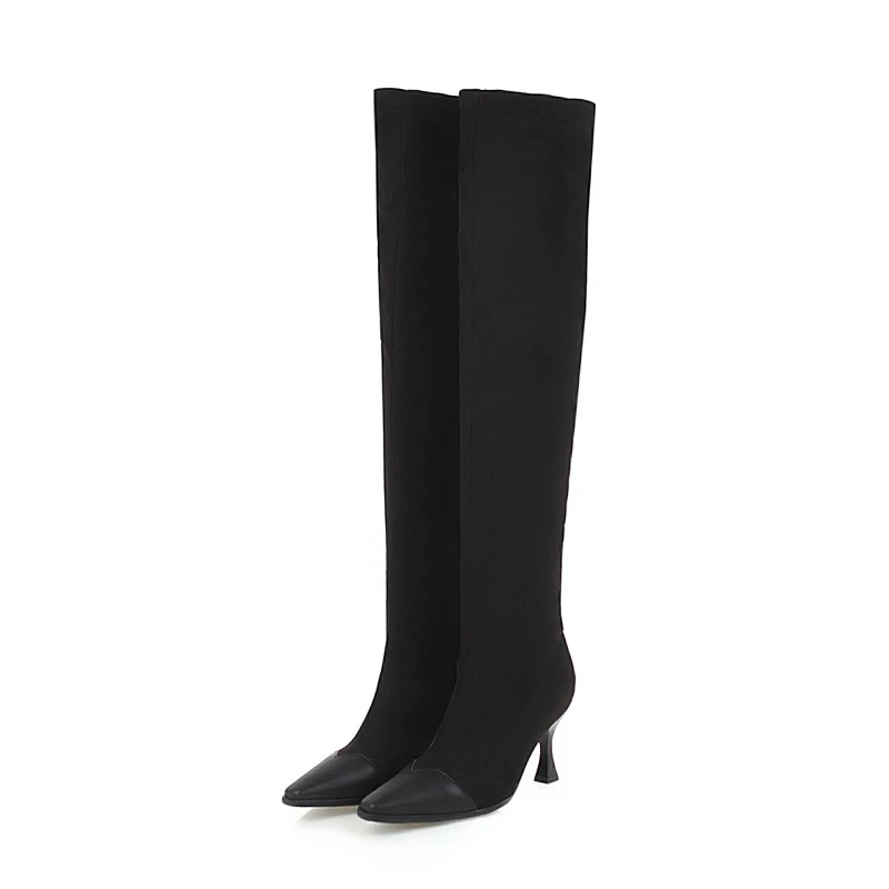 WETKISS/растягивающиеся женские сапоги на высоком каблуке размера плюс 34-48 женские ботфорты с квадратным носком женская зимняя обувь г - Цвет: Черный