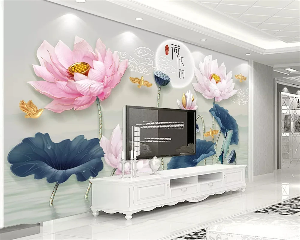 

beibehang Custom fashion wallpaper 3D three-dimensional relief lotus nine fish lotus TV background wall papers home decor tapety